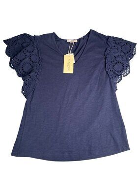 Ramy Brook Blue Diana Top V-neck Eyelet flutter Sleeves Pullover Size S